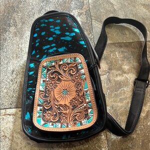 Black and Turquoise Sling Bag with Floral Design